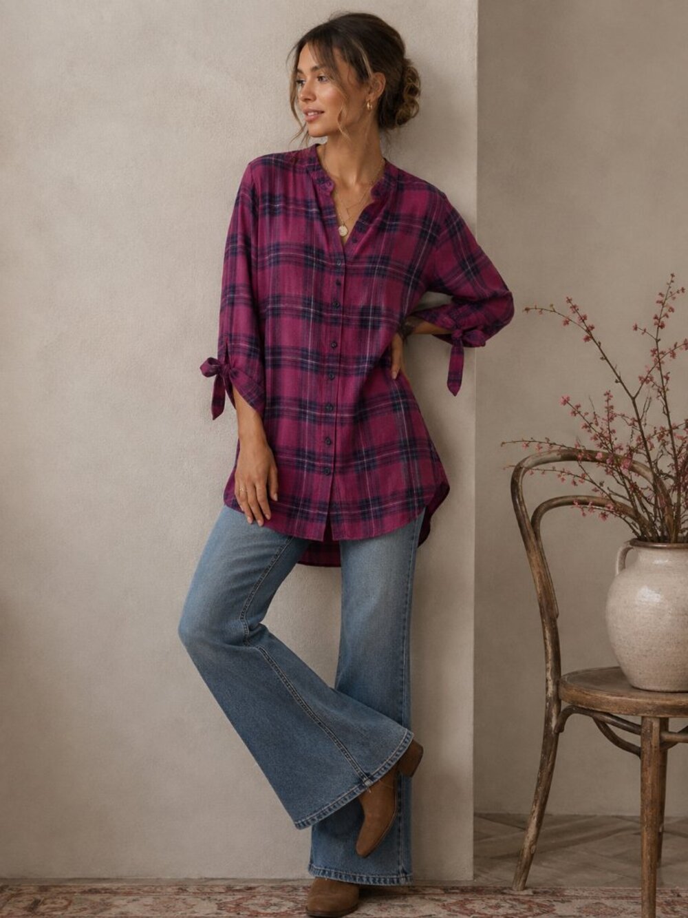 Self Contrast Plaid Button Front Tunic Shirt Dress